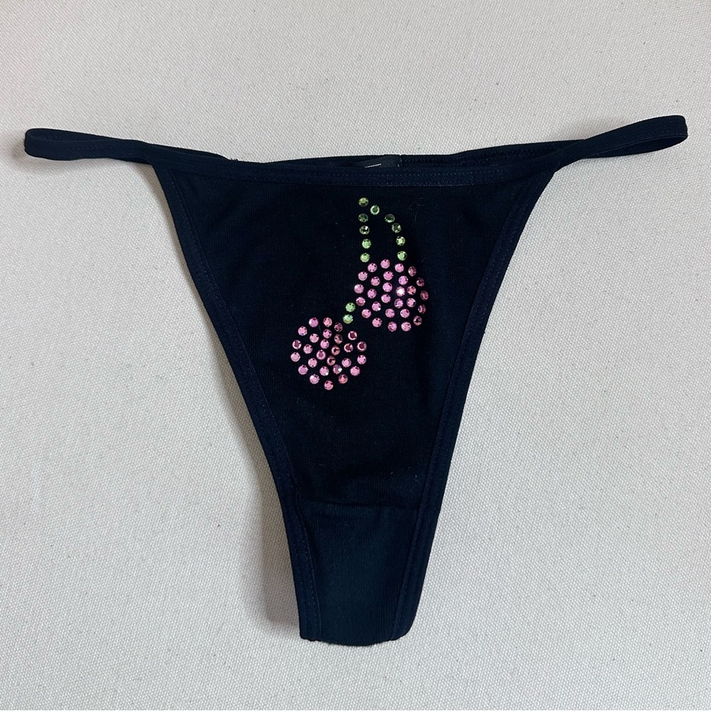 Adorable TROO Black Thong Underwear With Swarovski Crystal Cherry Appliqué Small